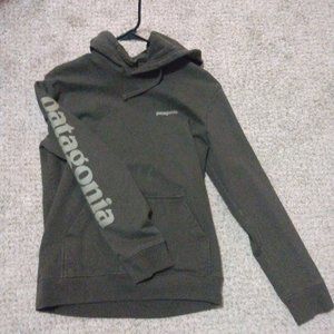 Patagonia Hoodie, Unisex Small, Army Green with Sleeve Text
